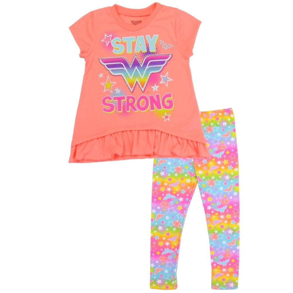 Wonder Woman Toddler Tee and Leggings Set Girls Short Sleeve Tshirt Coral 2T
